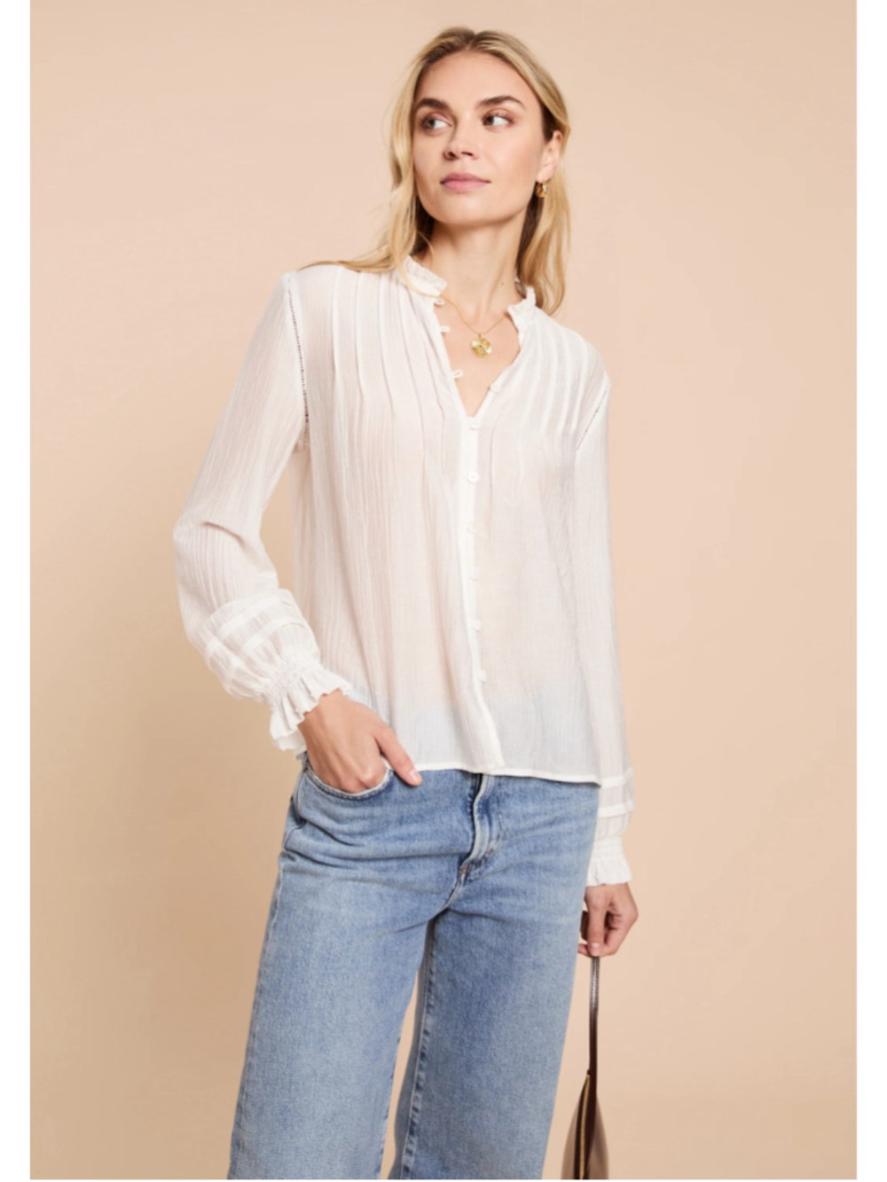 Women's CAARA White Blouse, Size S, Long Sleeve Button-Down Top